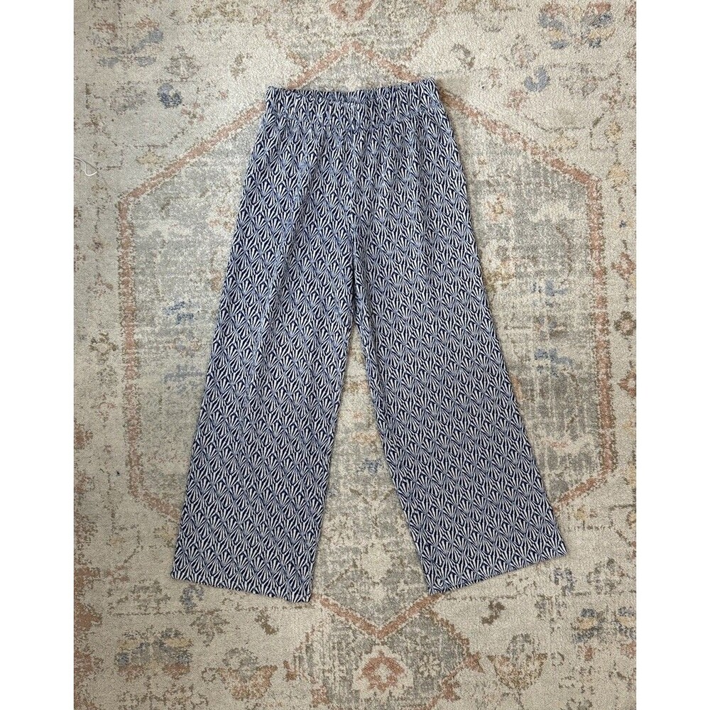 H&M Women's Pants Navy and White Geometric Wide Leg Trousers Size Small